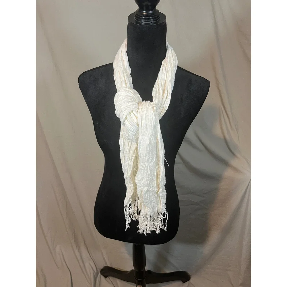 Unbranded Ivory Crinkle Gauze Lightweight Fringe‎ Scarf Off White Boho Accessory